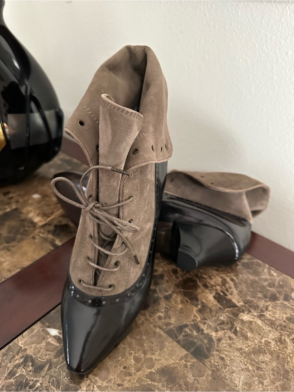 Marc by Marc Jacobs Taupe Suede and Black Patent Lace-Up Booties